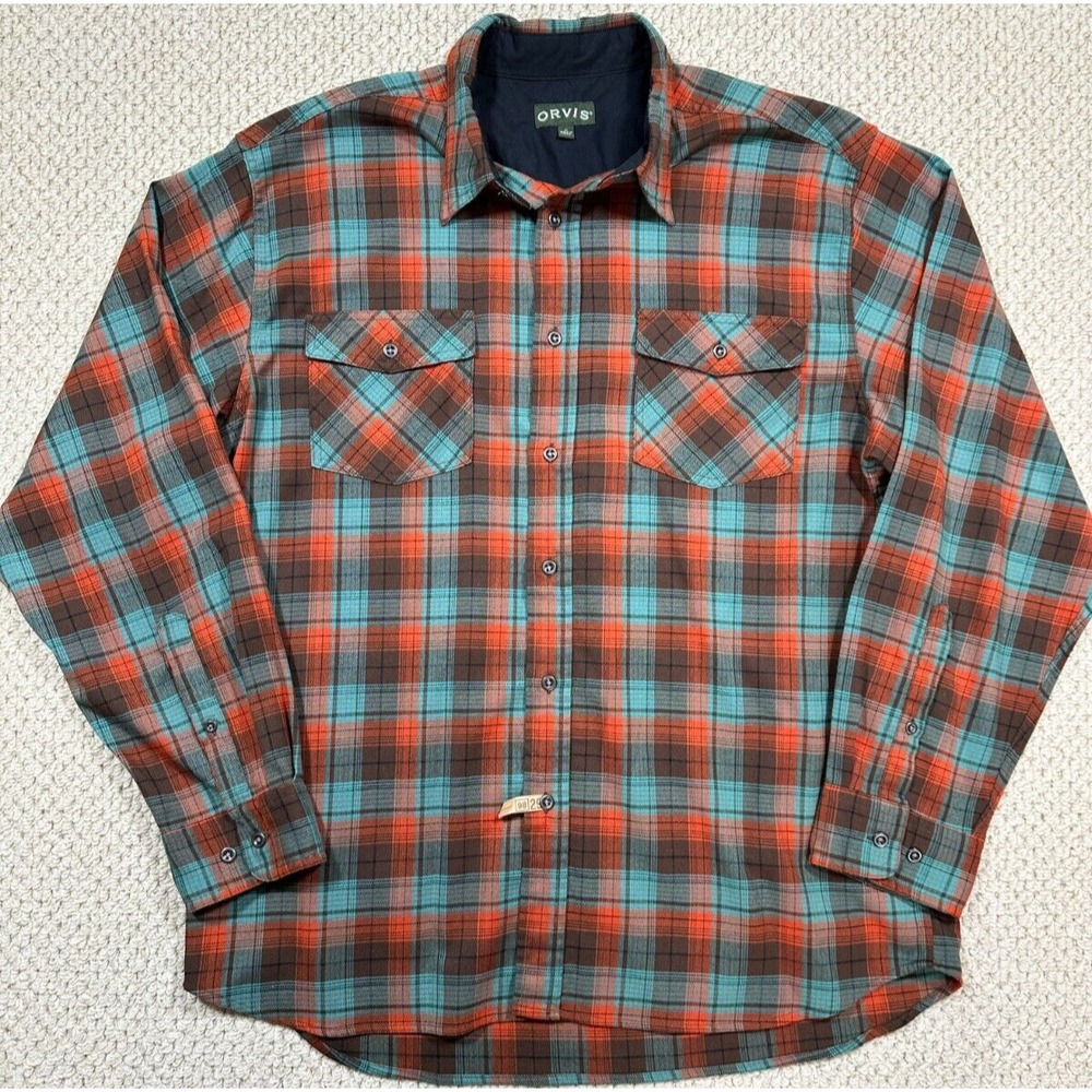 Orvis Shirt Mens XL Orange/Teal Plaid Flannel Classic Fit Long Sleeve Button Up